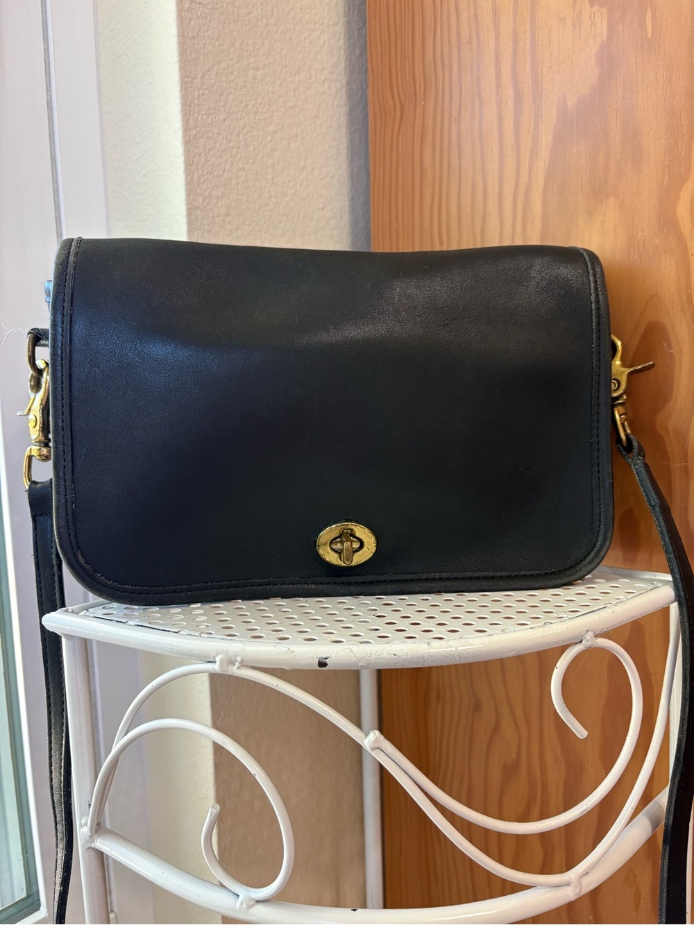 Coach Black Leather Turn-Lock Crossbody with Gold Hardware